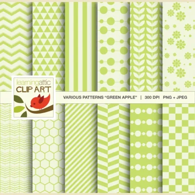 Clip Art: 12 Various Digital Patterns in "Green Apple" - 24 Digital Papers