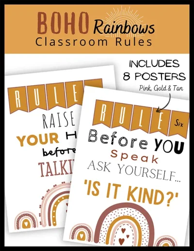 8 Boho Rainbows Classroom Rule Posters