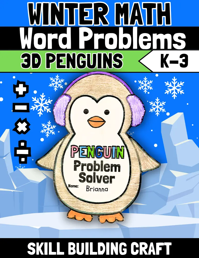 Winter Math 3D Penguin Word Problem January February Craft Kindergarten-Gr.3