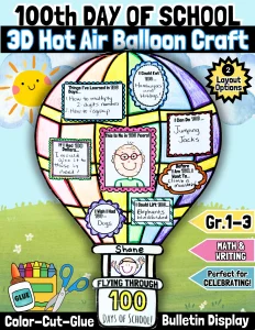 100th Days of School Math & Writing Hot Air Balloon Craft Hundreds Day Activity