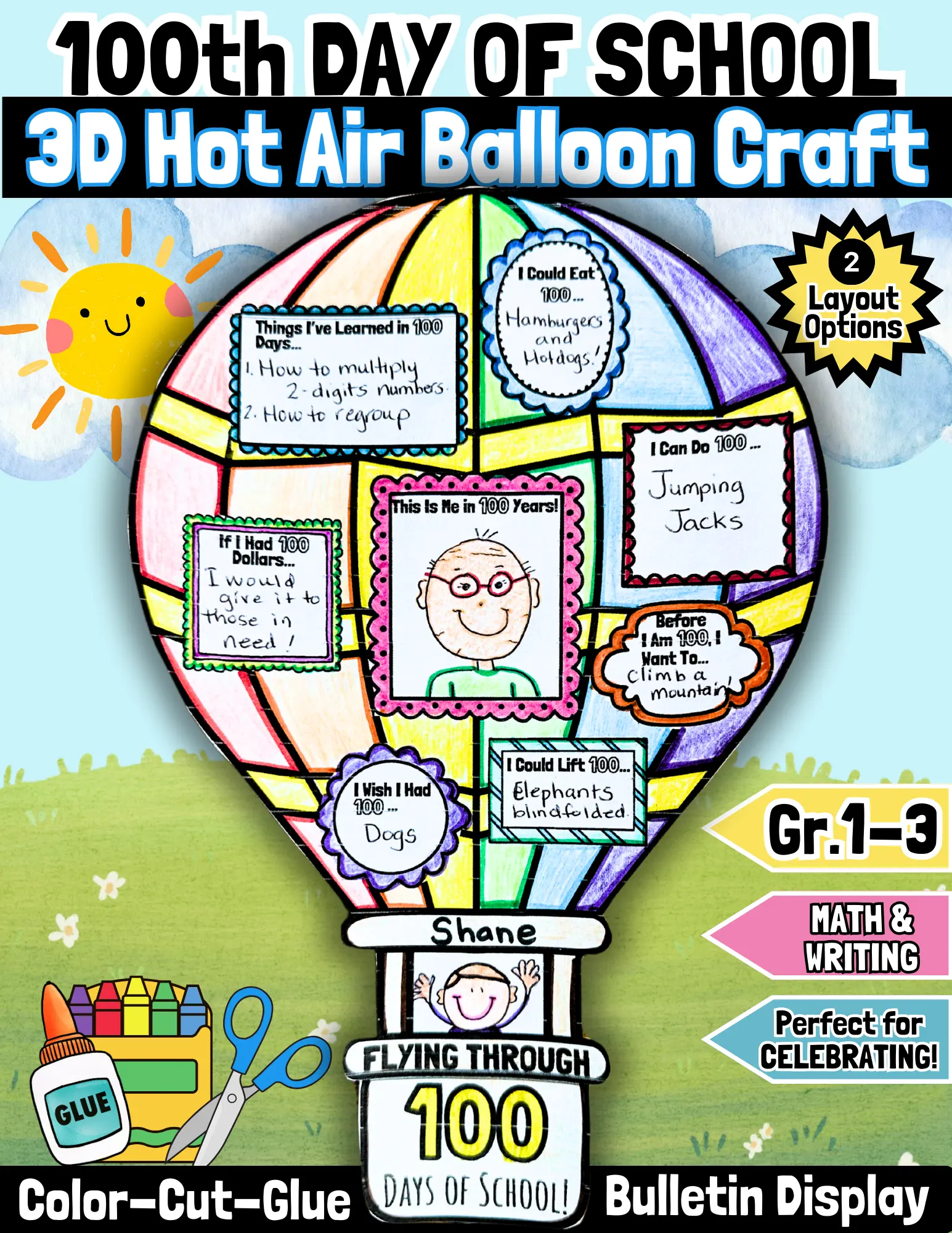 100th Days of School Math & Writing Hot Air Balloon Craft Hundreds Day ...